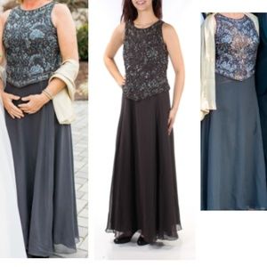 JKARA Embellished Sleeveless Evening Gown in Grey